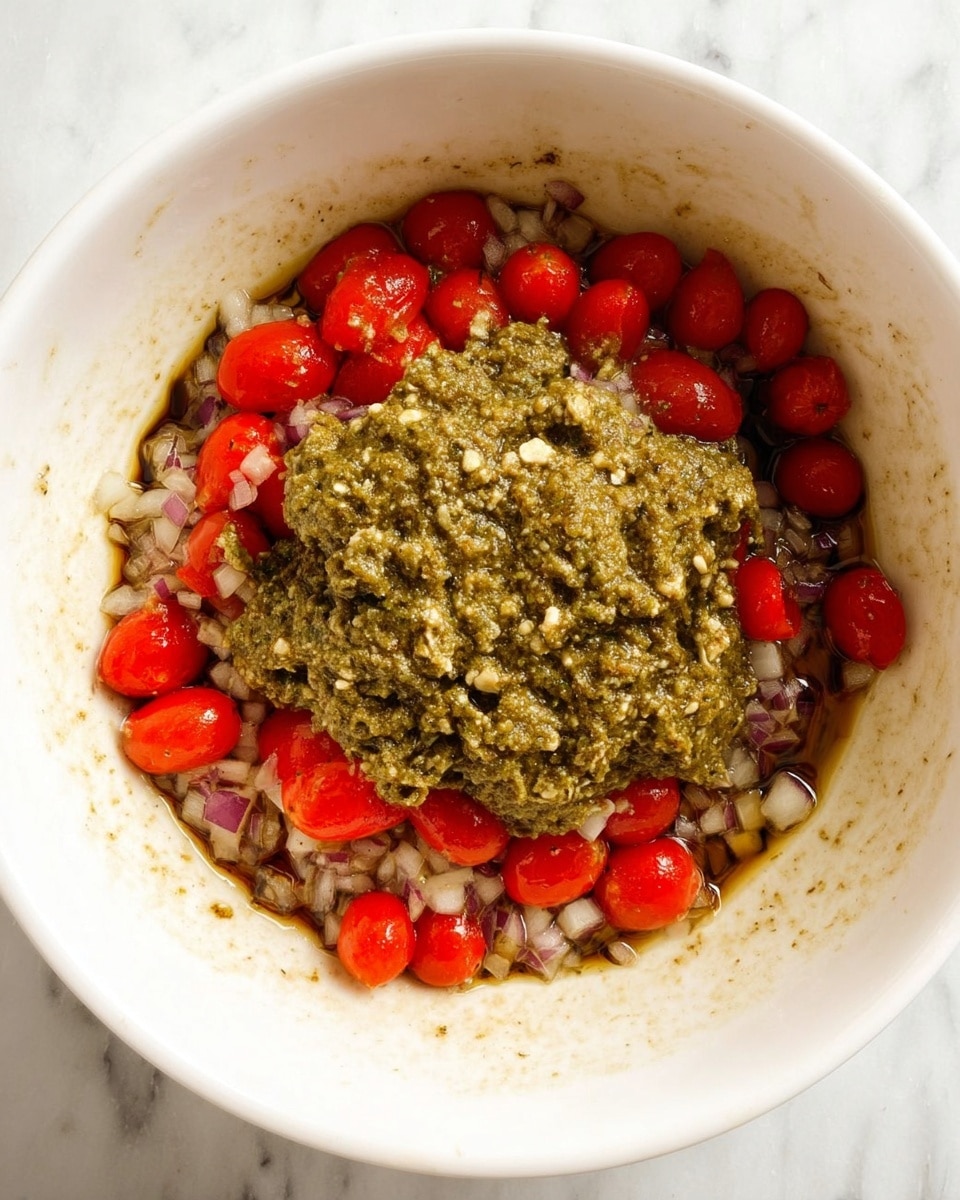 Inside a white bowl, there is a mix of chopped onions and halved small red cherry tomatoes forming the bottom layer with a glossy, slightly oily texture. On top, at the center, there is a thick, coarse greenish paste with visible bits of nuts or seeds, creating a textured mound. The onions and tomatoes surround this paste, providing a vibrant contrast in color and texture. The bowl is set on a white marbled surface. Photo taken with an iphone --ar 4:5 --v 7
