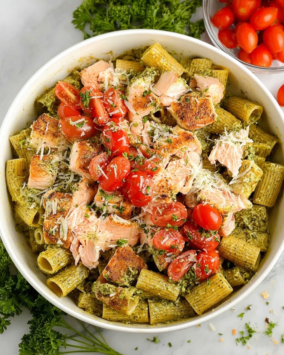 A large white bowl holds a dish with three main layers: the bottom layer is rigatoni pasta coated in green pesto sauce, arranged evenly across the bowl; the middle layer consists of several pieces of cooked salmon, pale pink with golden-brown seared edges, scattered on top of the pasta; the top layer features halved bright red cherry tomatoes and a light sprinkling of grated Parmesan cheese and small green herb leaves, creating pops of color. The bowl sits on a white marbled surface with some green parsley sprigs nearby and a clear bowl of cherry tomatoes off to the side. Photo taken with an iphone --ar 4:5 --v 7