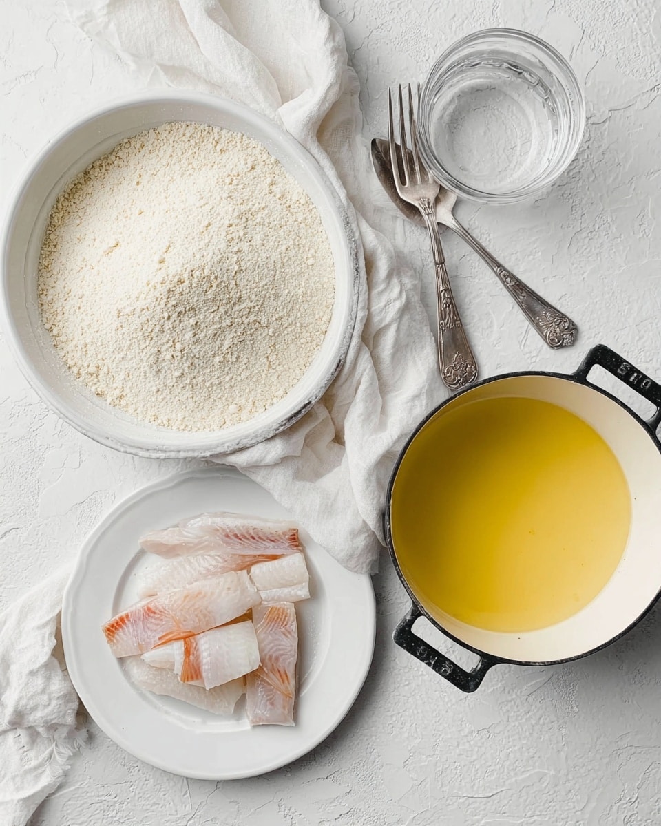 The image shows a top view of a white marbled surface with four main items arranged: on the left, a large white bowl filled with a mound of light beige flour that has a slightly coarse texture; below it, a white plate holding several pieces of raw, pale pinkish-white fish with some translucent areas, arranged in a scattered pile; on the right, a round white pot with black handles filled with smooth yellow oil or melted butter covering the entire surface evenly; above it, a clear glass bowl filled with water reflecting light softly. Two silver forks with decorative handles lie crossed beside the pot. A crumpled white cloth is placed near the top left corner. Photo taken with an iphone --ar 4:5 --v 7