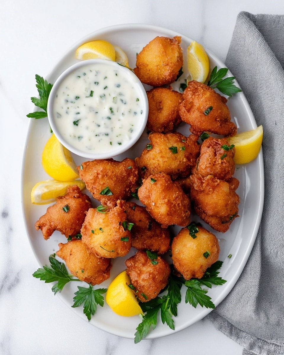 A white round plate on a white marbled surface holds about ten golden brown fried pieces with a crispy texture, sprinkled with small green herb bits. On the left side of the plate, there is a small white bowl filled with thick white dipping sauce with green herb pieces in it. Around the bowl and fried pieces, there are four lemon wedges with bright yellow skin and pale yellow inside. Green parsley leaves are placed under the lemon wedges and a few scattered over the fried pieces. Photo taken with an iphone --ar 4:5 --v 7
