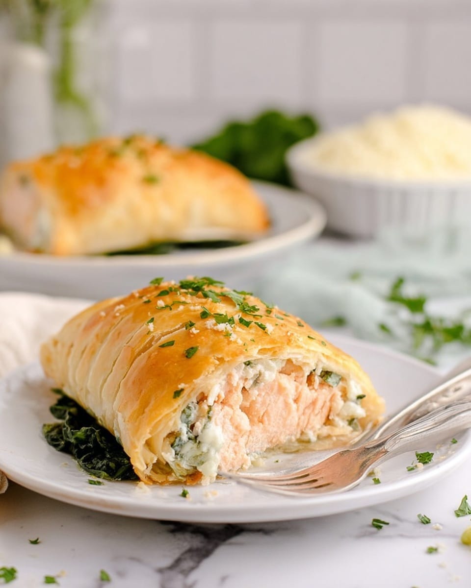 The image shows a white plate with a single piece of baked salmon wrapped in golden, flaky pastry that has a light sprinkle of chopped green herbs on top. The salmon inside is light pink and flaky, layered above a bed of dark green leafy vegetables. A silver fork lies next to the salmon on the plate. In the background, there is a blurred second wrapped salmon and a bowl filled with white shredded cheese, all set on a white marbled surface. Some loose herbs are scattered on the plate around the salmon. Photo taken with an iphone --ar 4:5 --v 7