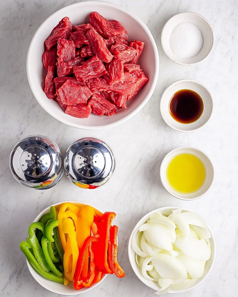 The image shows ingredients neatly arranged on a white marbled surface: a large white bowl filled with red raw meat strips sits at the top left, while next to it on the right are two small white bowls, one containing a dark brown liquid and the other holding white powder. Below the meat, there are two silver salt and pepper grinders, and to the right of these is a white bowl with bright strips of red, yellow, and green bell peppers arranged in sections. Below the pepper bowl is a white bowl filled with white onion slices, and next to it on the right is a small white bowl with pale yellow oil. All items are set clearly with bright natural lighting. photo taken with an iphone --ar 4:5 --v 7