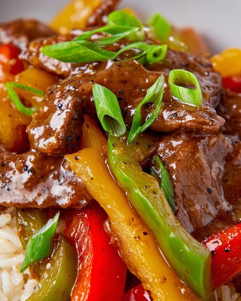 The image shows a close-up view of a stir-fry dish with three main layers: glossy brown beef strips on top, followed by soft yellow, red, and green bell pepper strips with a slightly shiny texture, and a base of light-colored rice grains just visible around the edges. The beef is coated in a rich brown sauce with a glossy finish and small black specks, garnished with sliced bright green onion pieces scattered across the top. The dish is presented on a white plate with a white marbled background. photo taken with an iphone --ar 4:5 --v 7