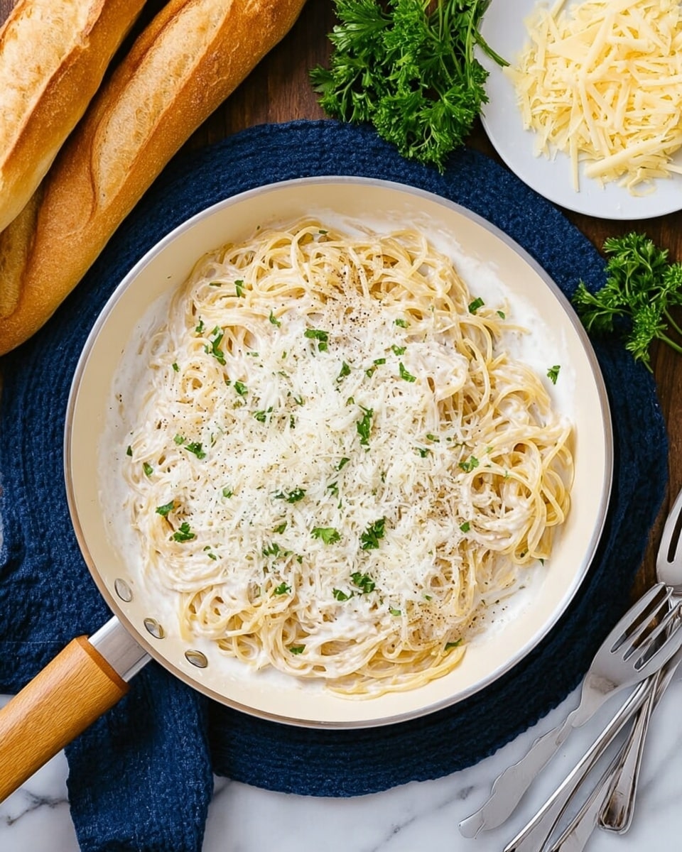 A white pan with a light wooden handle holds a serving of thin spaghetti noodles coated in a white creamy sauce, topped with a sprinkle of grated cheese and small green parsley bits, with a light sprinkle of black pepper. The pan sits on a dark blue round cloth over a white marbled surface. To the top left, there are two golden brown baguettes resting on the white marbled background with some green parsley beside them. On the right side, a white plate holds a small pile of green parsley and a block of pale yellow cheese with shredded cheese on top. At the bottom right corner, a white plate with two silver forks is slightly visible. Photo taken with an iphone --ar 4:5 --v 7