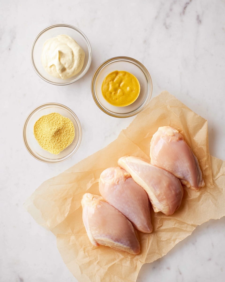 Four raw chicken pieces are placed side by side on a sheet of light brown crumpled parchment paper near the bottom right, showing a pale pink color and smooth texture. Above them, three small clear glass bowls are arranged in a loose triangle on a white marbled surface. The top left bowl contains thick white cream, the top right bowl holds bright yellow mustard-like sauce, and the bottom bowl contains a light yellow finely crushed powder. Photo taken with an iphone --ar 4:5 --v 7