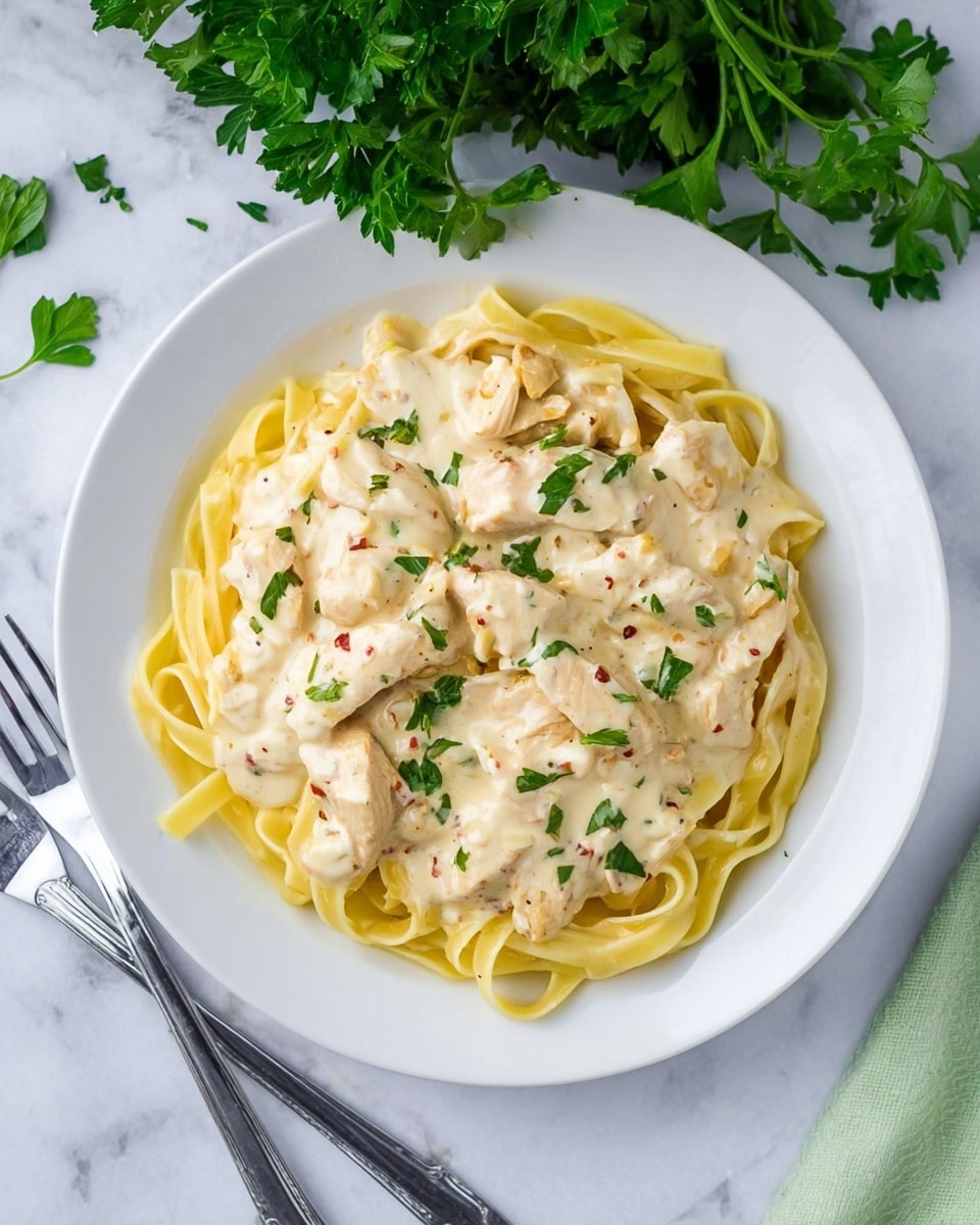 A white plate holds a dish with two visible layers. The bottom layer is made of light yellow fettuccine pasta, long and smooth, spread evenly across the plate. On top, there is a thick creamy sauce in pale off-white color with small red and green specks, covering pieces of light beige chicken strips. The chicken pieces are mixed into the sauce and scattered over the pasta. Small green parsley leaves are sprinkled on top, adding a fresh touch. The plate is placed on a white marbled surface, with some green parsley leaves above and part of a fork and knife below near the plate edge. Photo taken with an iphone --ar 4:5 --v 7