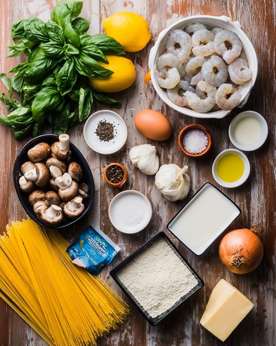 The image shows many cooking ingredients laid out on a wooden surface. There is a bunch of fresh green basil leaves under a bright yellow lemon on the upper left. To the right is a white bowl filled with raw peeled shrimp. Below the lemon is a white square dish with black pepper and salt arranged in triangles. Next to it is a small shallot and a whole garlic bulb. A brown egg is placed in a small brown container near the garlic. Several small white bowls hold olive oil, flour, grated cheese, and some kind of light cream or milk. A black container on the left side holds several brown mushrooms. Uncooked yellow pasta sticks spread out from the lower left corner, partially inside a blue pasta package. There are also two white square dishes with black pepper and salt, and a small rectangular piece of butter near the pasta. All these ingredients are placed on a wooden table, set against a white marbled floor background photo taken with an iphone --ar 4:5 --v 7