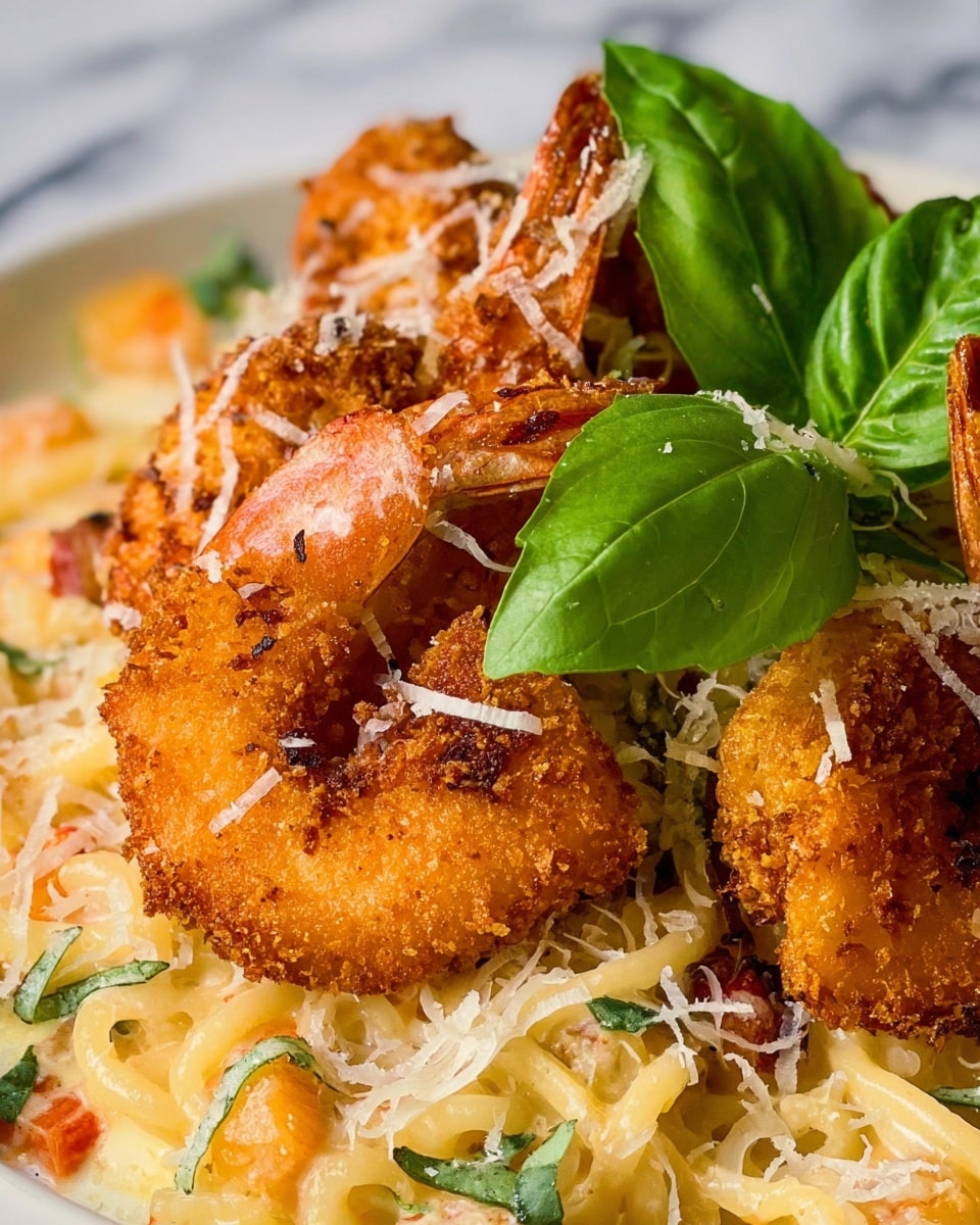 The image shows a close-up of three golden brown, crispy fried shrimp on top of a bed of creamy pasta with small pieces of orange and green vegetables. The shrimp are coated with crispy breading and sprinkled with thin white cheese curls. Fresh green basil leaves are placed beside the shrimp, adding a bright color contrast. The dish is set on a white plate over a white marbled surface. photo taken with an iphone --ar 4:5 --v 7