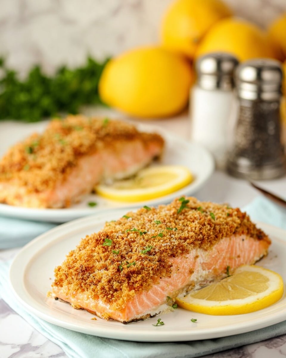 The image shows two white plates each holding a piece of salmon with a golden brown crumb crust on top, sprinkled with small green herb pieces. The salmon is light orange with visible flaky texture beneath the crust. Each piece sits on the plate with a thin slice of bright yellow lemon placed beside it. The background features blurred yellow lemons and a salt and pepper shaker in a metal holder on a white marbled surface. Photo taken with an iphone --ar 4:5 --v 7