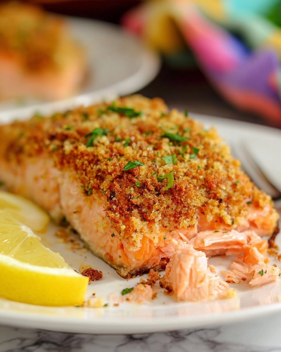 A close-up view of a thick piece of salmon on a white plate, with a crunchy brown crumb topping sprinkled with small green herb pieces. The salmon is cooked to a soft pink color and has flaked parts in front with some crumb bits around it. A small wedge of lemon with a yellow rind rests behind the salmon. The plate sits on a white marbled surface with a blurred colorful background. photo taken with an iphone --ar 4:5 --v 7