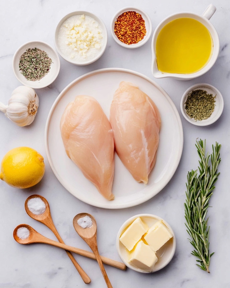 The image shows two large raw chicken breasts placed side by side on a white round plate in the center. Surrounding the plate are small white bowls and wooden spoons holding different ingredients: a small bowl of chopped garlic, a bowl of white powder (likely flour or cornstarch), a bowl of cream, a jug of yellow liquid (possibly broth), and a halved lemon. There are three wooden spoons laid flat – one with black pepper, one with salt, and the other with a reddish-brown spice mix. A small white bowl with two pieces of butter and a sprig of fresh rosemary with some dried rosemary in a small white bowl complete the circle. The background is a white marbled surface. photo taken with an iphone --ar 4:5 --v 7