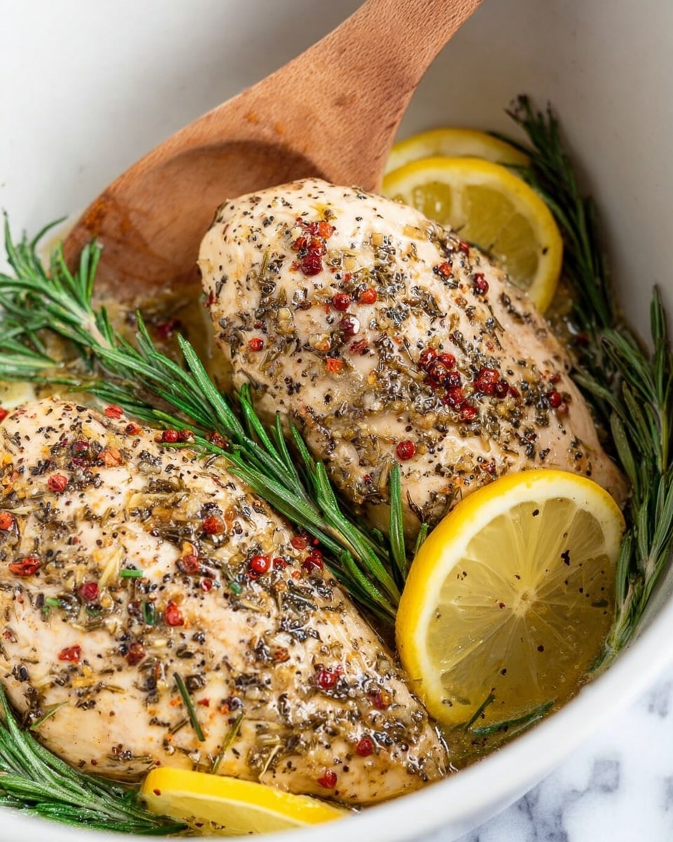 The image shows two pieces of cooked chicken seasoned with cracked black pepper, red pepper flakes, and dried herbs, resting in a round white pot. The chicken pieces are light golden with a spicy herbal crust. Fresh green rosemary sprigs surround the chicken, adding contrast and texture. Bright yellow lemon slices are tucked beside the chicken, giving a fresh, zesty look. A wooden spatula is placed behind the chicken, partially inside the pot. The background is a white marbled texture. photo taken with an iphone --ar 4:5 --v 7