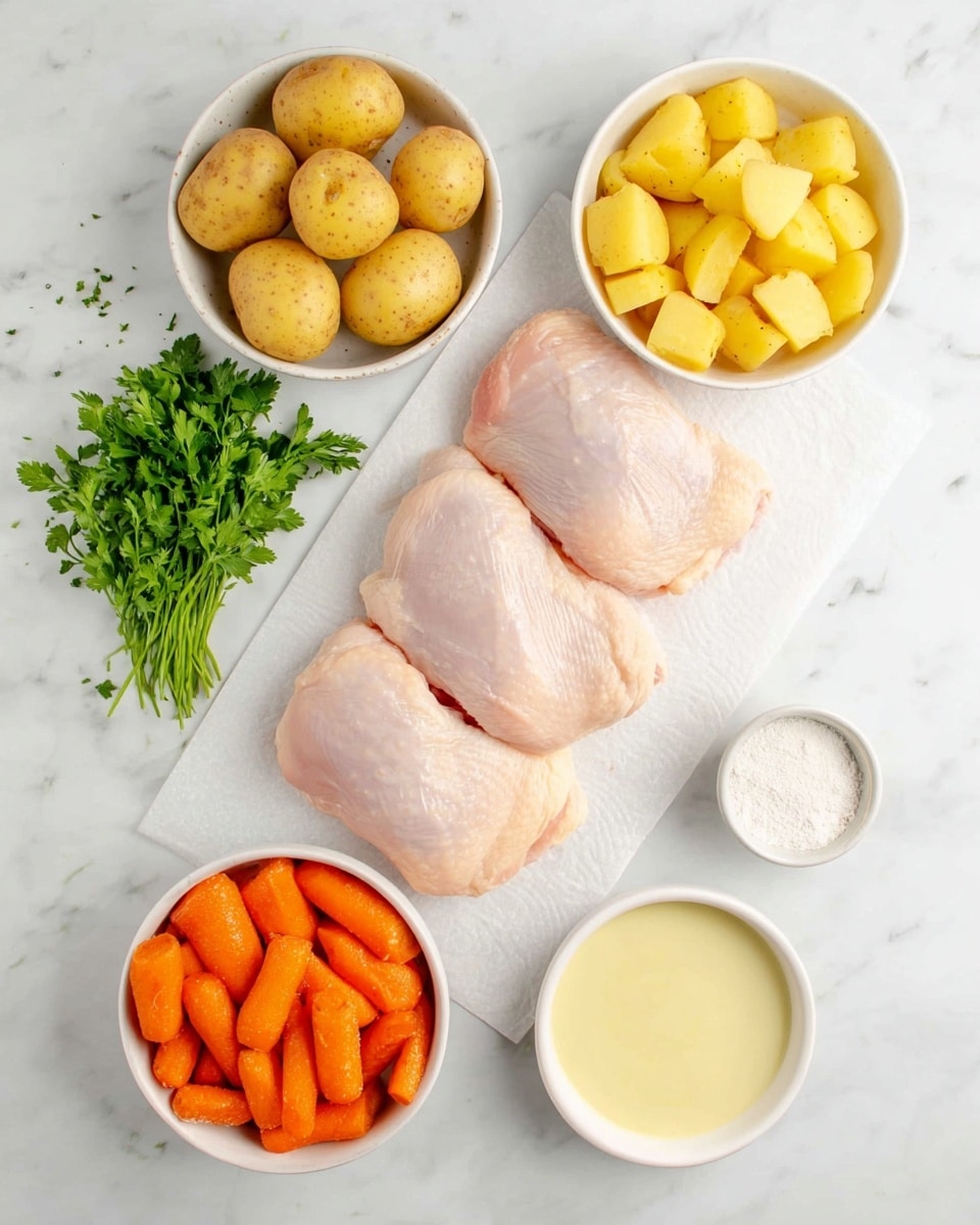The image shows four raw chicken pieces placed on a white baking paper in the center on a white marbled surface. Above the chicken, there is a white bowl filled with small cut yellow potatoes. Below the chicken, there is a white bowl full of bright orange baby carrots. To the left of the chicken, a small white bowl contains a white liquid, and fresh green parsley sits nearby on the white marbled surface. To the right of the chicken, there is a small white bowl with white powder seasoning and another white bowl filled with a smooth pale yellow sauce. The overall arrangement is clean and colorful, with fresh ingredients evenly spaced. Photo taken with an iphone --ar 4:5 --v 7