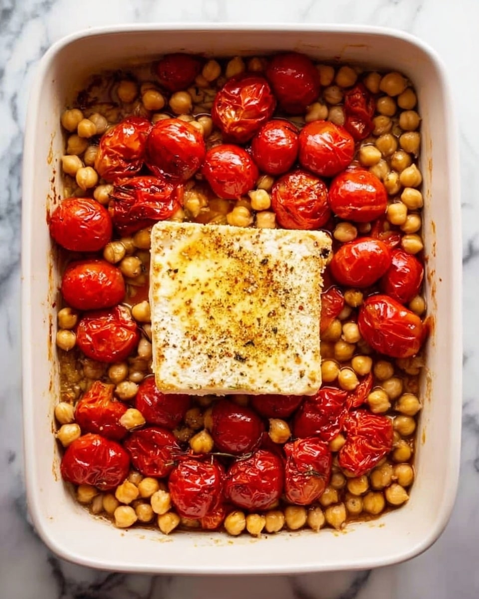 The image shows a white rectangular baking dish filled with cooked chickpeas spread evenly on the bottom. On top of the chickpeas, there is a single square piece of baked cheese with a light golden crust and some seasoning visible on its surface. Surrounding the cheese, bright red roasted cherry tomatoes are scattered, some whole and some slightly burst, giving a mix of smooth and wrinkled textures. The dish sits on a white marbled surface. Photo taken with an iphone --ar 4:5 --v 7