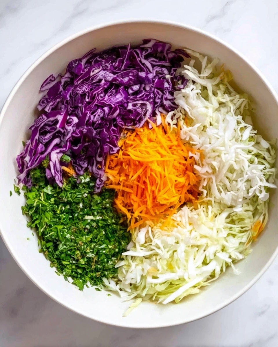 A white bowl shows five different shredded and chopped vegetables placed in separate sections inside the bowl. The top left section has thinly cut purple cabbage with a rich deep violet color. The top right section has shredded white cabbage with a light, pale texture. In the center, there is shredded bright orange carrot in a small pile. The bottom left section has finely chopped green herbs that look fresh and leafy. The bottom right section has more shredded white cabbage mixed with some thin purple cabbage strips. The bowl sits on a white marbled surface. photo taken with an iphone --ar 4:5 --v 7