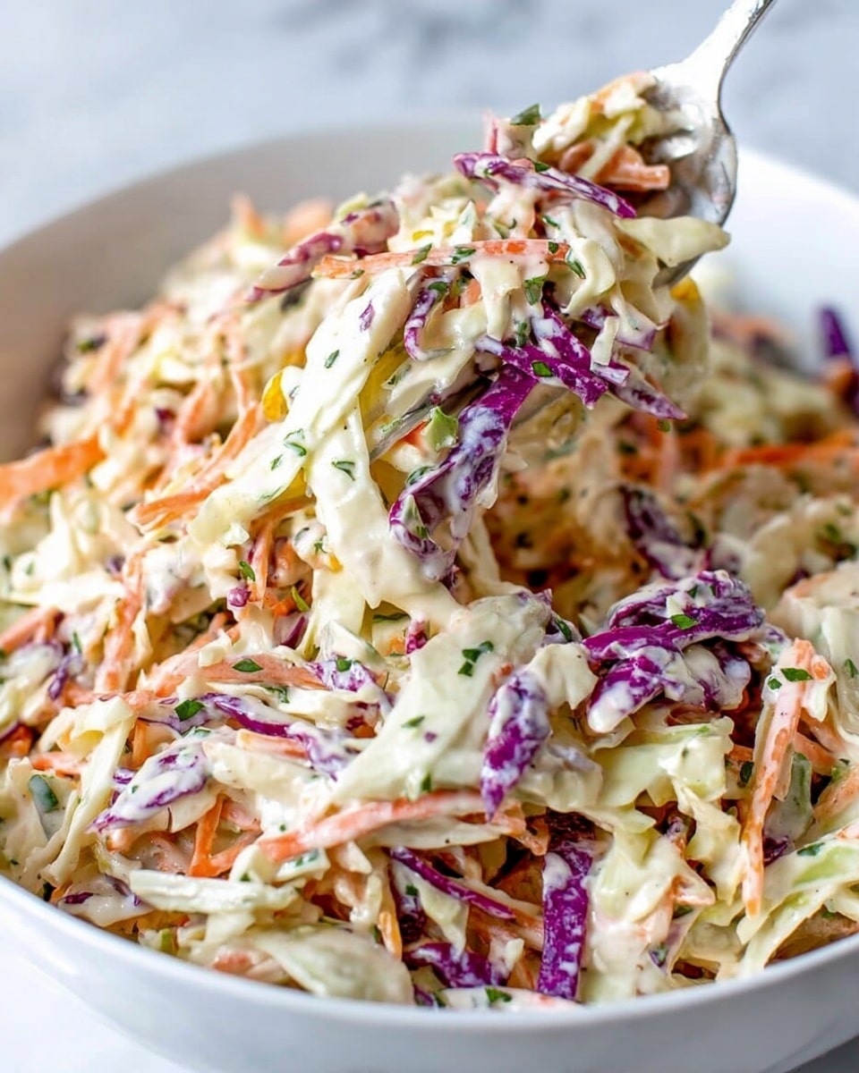 A close-up view of coleslaw in a white bowl shows a mix of shredded layers including pale green cabbage, bright purple cabbage, and orange carrot strands, all coated in a creamy, white dressing with small bits of green herbs scattered throughout. A silver fork lifts some of the coleslaw, highlighting the varied textures of the crunchy vegetables and smooth dressing against the white marbled background. photo taken with an iphone --ar 4:5 --v 7