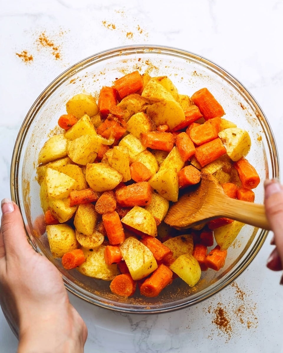The image shows a clear glass bowl filled with chopped cooked carrots and potatoes mixed with spices and oil. The vegetables are cut into uneven chunks, with the carrots showing a bright orange color and the potatoes having a golden-yellow hue with a slightly crispy texture. The woman's hand is holding the bowl from the left side, while the other woman's hand is stirring the vegetables with a wooden spoon from the right side. The bowl sits on a white marbled surface, and some spices are scattered lightly around the vegetables inside the bowl. The lighting is bright and natural, emphasizing the vibrant colors of the food photo taken with an iphone --ar 4:5 --v 7