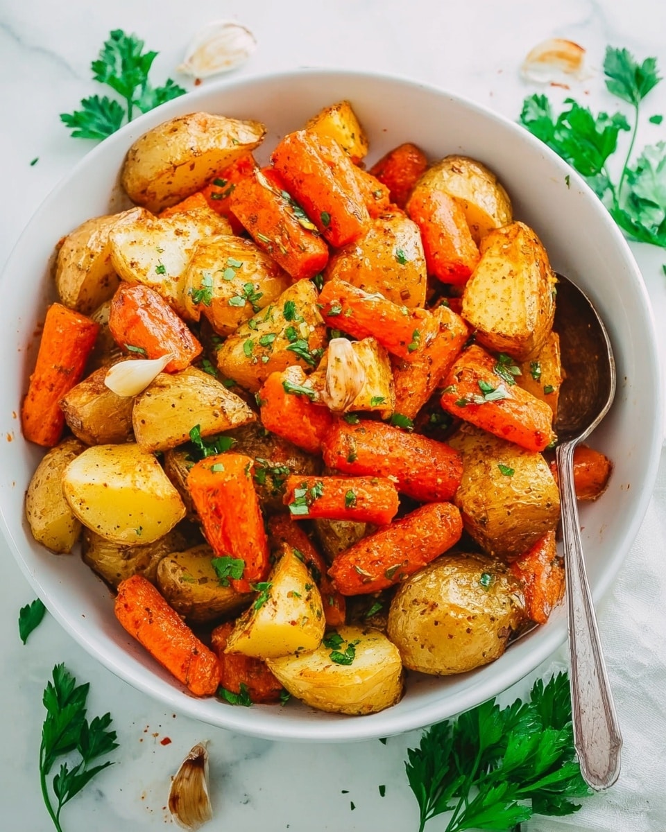 A white bowl filled with two layers of roasted vegetables, mainly large golden-brown potato pieces mixed with bright orange carrot chunks, all showing a lightly crispy texture. Small bits of roasted garlic are scattered evenly among the vegetables, with a light sprinkle of fresh green herbs on top. A metal spoon is placed on the right side, sticking slightly into the vegetables. The bowl sits on a white marbled surface with fresh green parsley leaves around it. Photo taken with an iphone --ar 4:5 --v 7