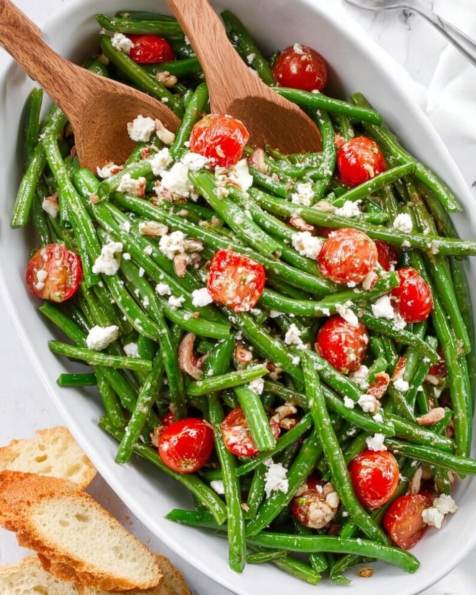 A white oval dish filled with a fresh green bean salad, showing bright green green beans as the main layer, mixed with halved cherry tomatoes in a rich red color scattered evenly across. White crumbled cheese is sprinkled throughout the beans and tomatoes, adding texture and lightness. Small bits of a light pink ingredient and some chopped nuts add more detail within the salad. Two wooden spoons rest in the middle of the salad, partially covered by the beans and tomatoes. The dish is placed on a white marbled surface, and pieces of light brown toasted bread are at the bottom left corner. photo taken with an iphone --ar 4:5 --v 7