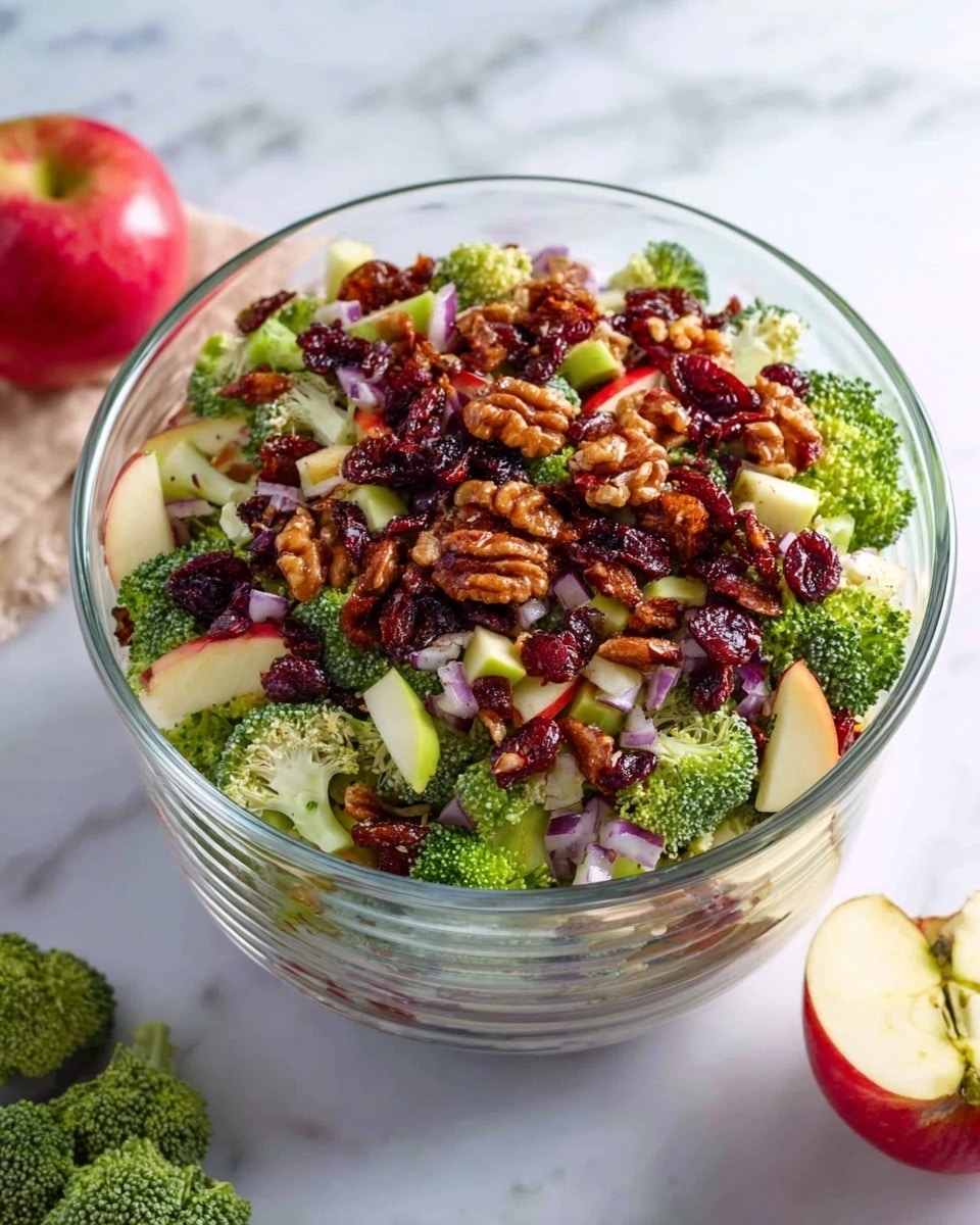 A clear glass bowl shows a colorful salad with three main layers. The bottom layer is bright green broccoli florets with a firm texture. On top of that, there are small pieces of light cream and red apple chunks, mixed with finely chopped light purple onions. The top layer is a mix of dark red dried cranberries and darker walnuts, adding a crunchy look. The bowl is placed on a white marbled surface with a whole red apple and apple half to the side, along with two broccoli pieces nearby. photo taken with an iphone --ar 4:5 --v 7