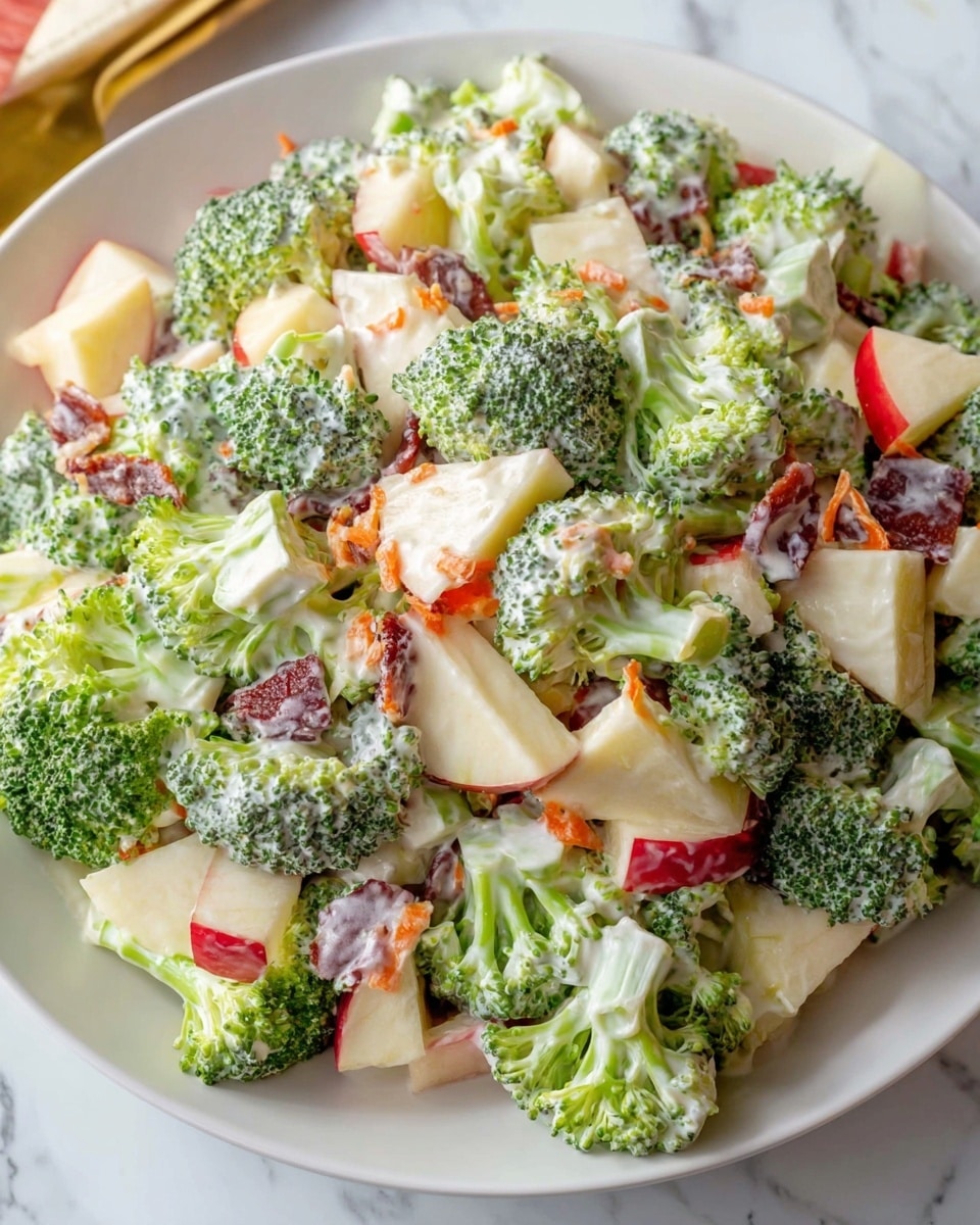 A white plate filled with a broccoli salad featuring three main layers: bright green broccoli florets, creamy white dressing coating each piece, and chunks of light yellow apple with red skin pieces. The salad also includes small bits of dark brown bacon and tiny orange carrot pieces, all mixed evenly together on a white marbled surface in the background. Photo taken with an iphone --ar 4:5 --v 7