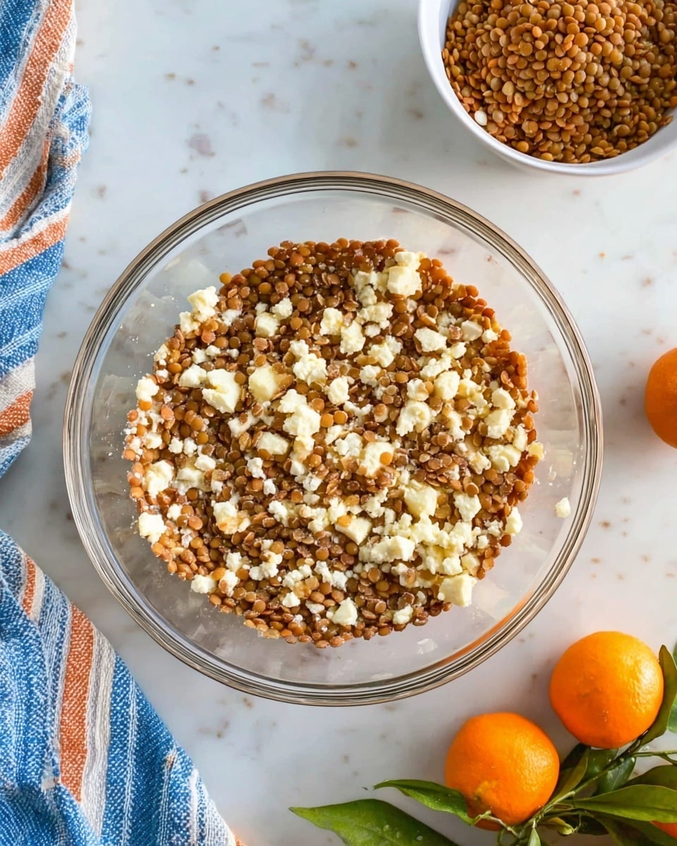 A clear glass bowl placed on a white marbled surface holds a mixture of small brown lentils and creamy white cheese chunks spread unevenly throughout. The lentils have a slightly glossy appearance indicating moisture, while the cheese pieces contrast with their soft, crumbly texture. To the upper right, a small white bowl filled with more lentils is partially visible, and three bright orange tangerines with green leaves lie on the surface to the lower right. A striped towel with blue, white, and orange stripes is folded and placed on the left side of the frame. Photo taken with an iphone --ar 4:5 --v 7