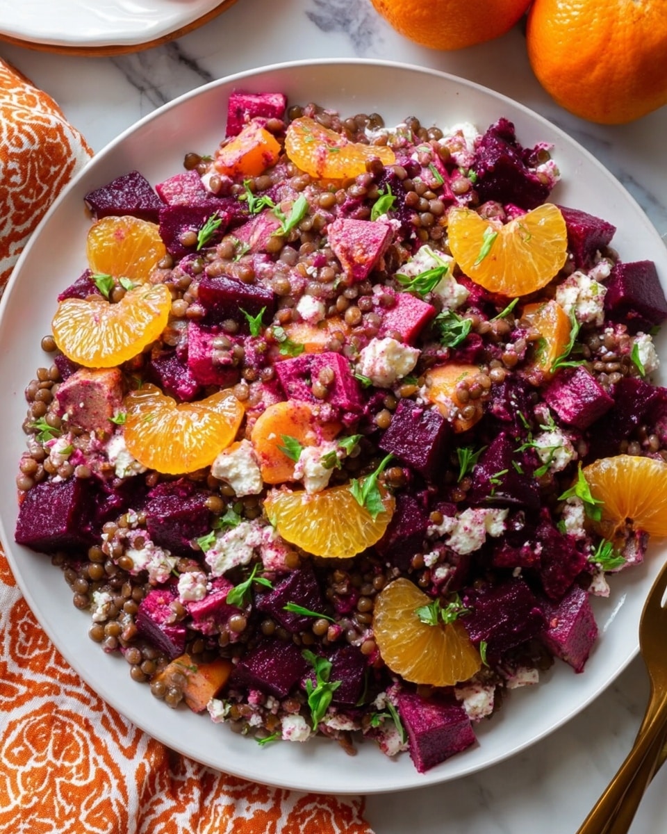 A white plate filled with a colorful salad consisting of three main layers: dark purple beet pieces that look soft and chunky, bright orange small citrus segments scattered throughout, and small brown lentils mixed all over. Tiny pieces of white cheese with a crumbly texture are spread evenly inside the salad. The top is sprinkled with small green herb leaves, adding a fresh touch. The plate is placed on a white marbled surface with a few small oranges nearby and part of a patterned orange cloth in the background. photo taken with an iphone --ar 4:5 --v 7