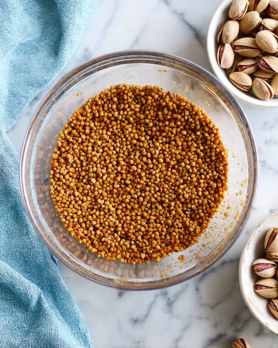 A clear glass bowl filled with a single thick layer of golden-brown mustard seeds with a slightly oily texture, placed on a white marbled surface. Next to the bowl on the right side, there is a small white bowl with whole pistachios, and to the left, a light blue cloth is partly visible. The photo is taken from above. photo taken with an iphone --ar 4:5 --v 7