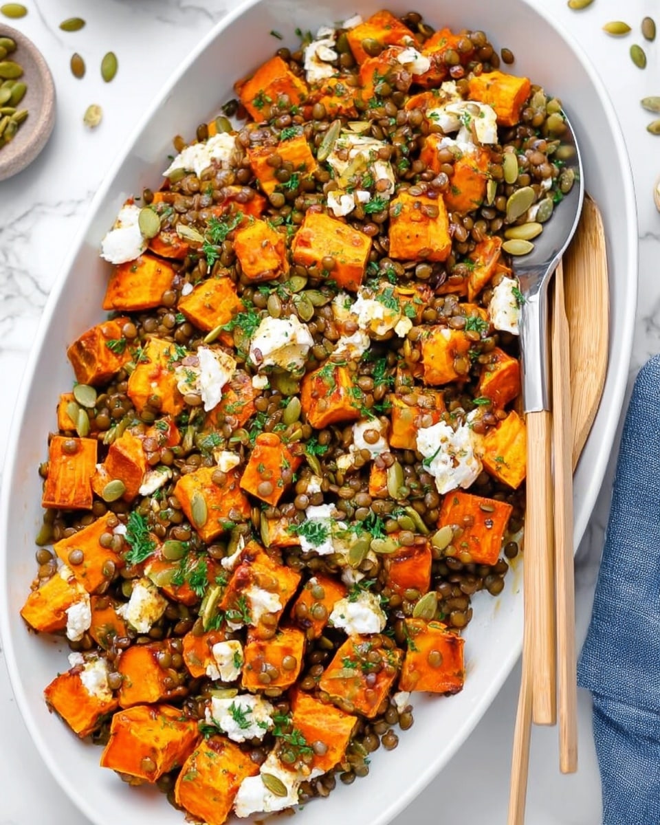 A white oval plate filled with a layered salad starting with a base of small round lentils, topped with medium-sized bright orange chunks of roasted sweet potatoes with slightly dark edges, sprinkled with fresh green chopped herbs. Scattered on top of the dish are small white dollops of soft cheese and a few whole green pumpkin seeds. A silver spoon is resting inside the plate, partially covered by the food, while two light wooden chopsticks lay on the right side of the plate. The background is a white marbled surface with a piece of blue cloth partially visible on the top right corner. photo taken with an iphone --ar 4:5 --v 7