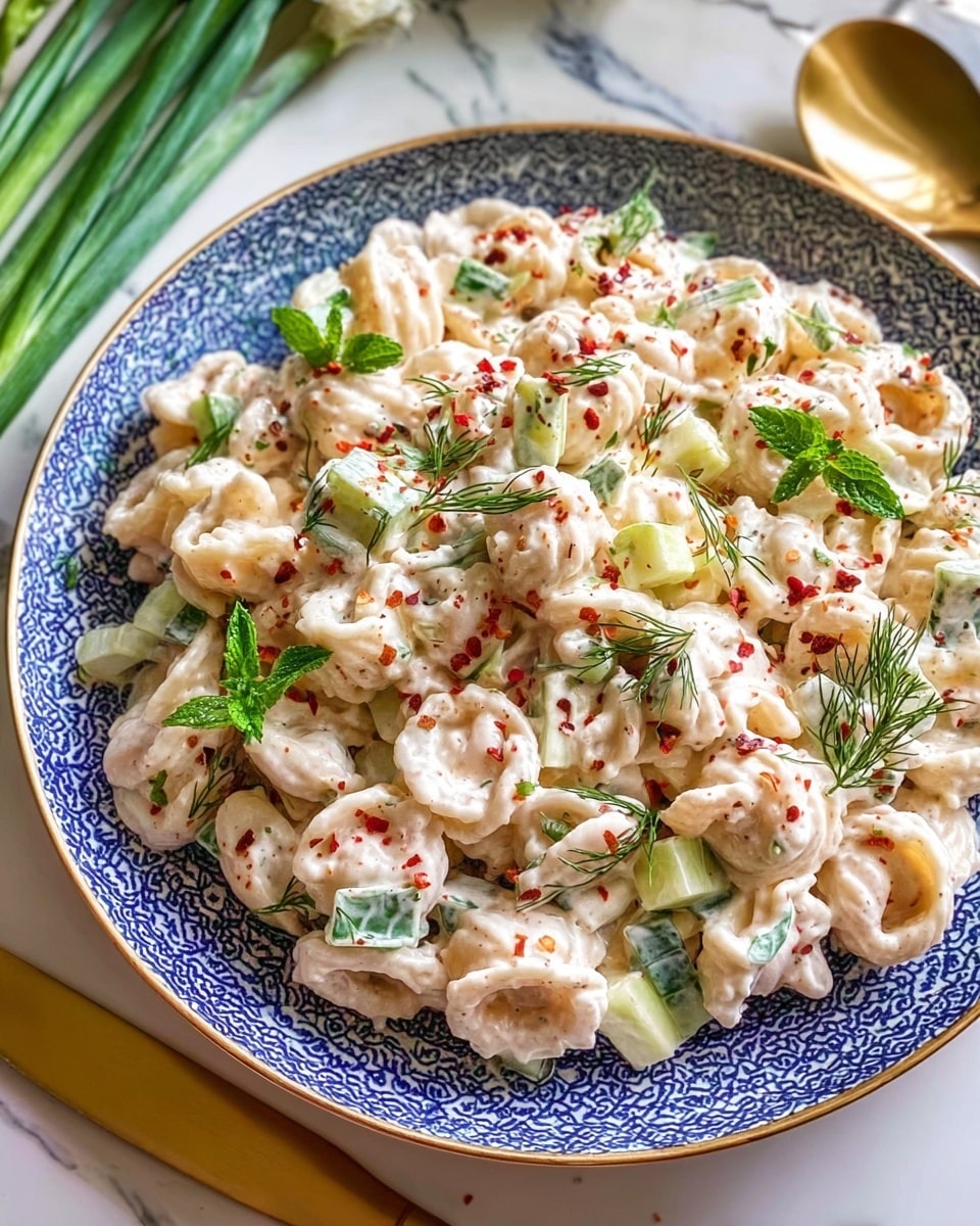 A round white bowl with blue lines around the rim holds a creamy pasta salad. The salad has three main layers: a base of light yellow wheel-shaped pasta, a thick creamy white sauce with small green pieces of celery mixed in, and a topping with bright green mint and dill leaves scattered all over. There are red chili flakes sprinkled on top adding small red dots. Around the bowl on the white marbled surface are some raw pasta pieces shaped like wheels, a bunch of green onions on a blue cloth, and lemon slices. A golden spoon and fork rest near the top right corner. Photo taken with an iphone --ar 4:5 --v 7