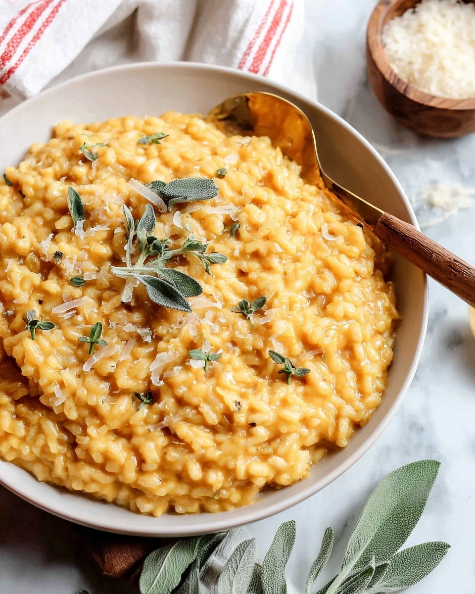 A close-up view of a creamy, orange risotto served in a white bowl. The risotto has a soft, thick texture with visible grains of rice, and is topped with small green herb pieces scattered on the surface. A wooden spoon rests inside the bowl, slightly touching the risotto. The bowl sits on a white marbled surface, with fresh sage leaves lying nearby and a small wooden bowl filled with grated cheese in the background. A white cloth with red stripes is also partially visible. Photo taken with an iphone --ar 4:5 --v 7