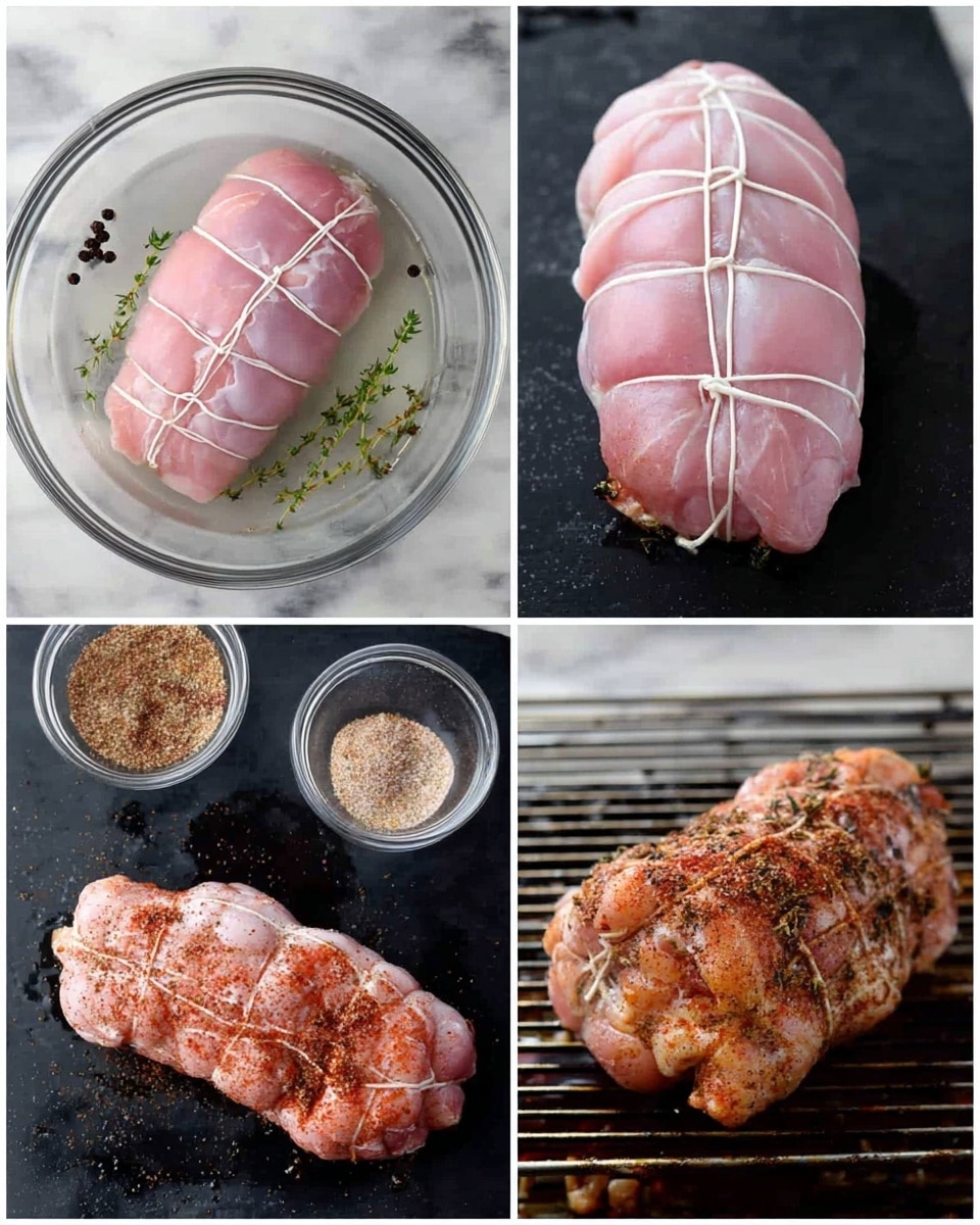 The image shows a series of four photos featuring a raw and cooked tied meat roll. In the top left photo, a light pink meat roll with light cross marks rests in water with black peppercorns and sprigs of thyme in a clear round bowl on a white marbled surface. The top right photo shows the same raw meat roll tied with white kitchen twine on a black scratched board, with a small clear bowl of brown seasoning mix nearby. The bottom left photo displays the tied meat covered with reddish seasoning, showing a rough textured surface, on the same black scratched board. The bottom right photo shows the cooked meat roll with a browned and slightly crispy surface, tied with the string still visible, sitting on grill bars. Photo taken with an iphone --ar 4:5 --v 7