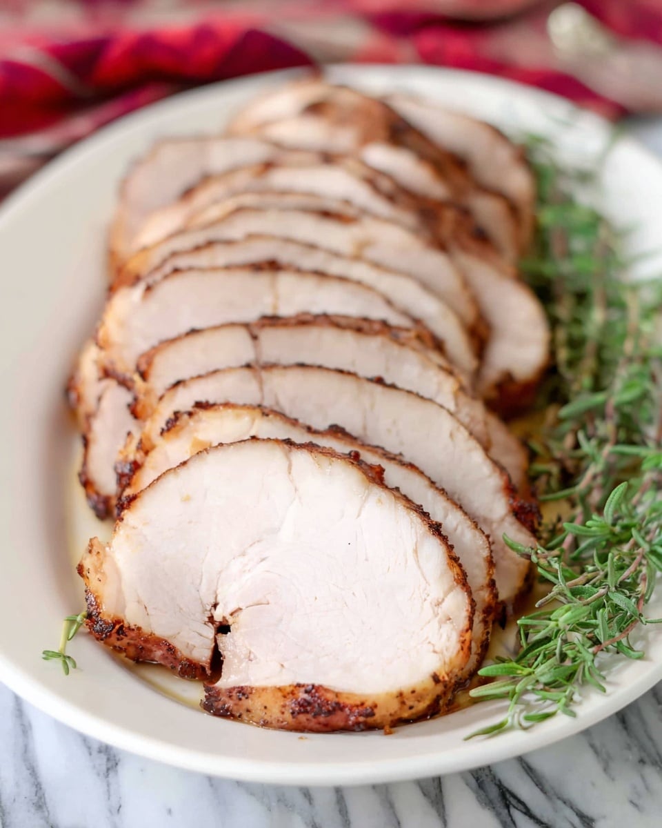 The image shows a white plate with multiple layers of sliced cooked meat, each slice showing a slightly browned outer edge and a smooth white inside. The slices are arranged standing and overlapping slightly from front to back, creating a neat row. To the right side of the plate, there are green sprigs of fresh herbs, adding a touch of color contrast. The plate rests on a white marbled surface, and the background includes a blurred red and white cloth. photo taken with an iphone --ar 4:5 --v 7