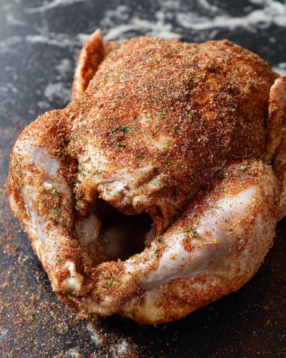 A whole raw chicken covered in a layer of mixed brown spices, including finely ground reddish-brown powder and green herb flakes, evenly spread over the skin. The chicken is placed on a dark surface, and the skin has a slightly shiny, moist texture beneath the seasoning. The cavity opening is visible in the center with some spice inside. The chicken wings are tucked close to the body, creating a compact shape. The background has a white marbled texture. Photo taken with an iphone --ar 4:5 --v 7