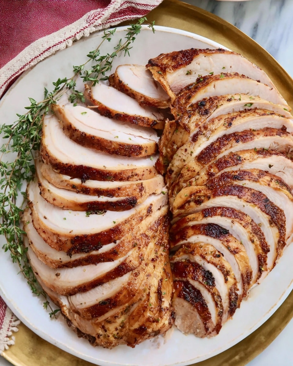 A white plate holds many thin slices of cooked turkey arranged in two overlapping rows. The turkey slices have golden-brown, slightly crispy skin on top and light pinkish-white meat underneath, showing a textured and juicy appearance. The plate sits on a white marbled surface with a golden rimmed tray beneath, alongside fresh green thyme sprigs on the left side. A red and white kitchen towel is partially visible in the background. photo taken with an iphone --ar 4:5 --v 7