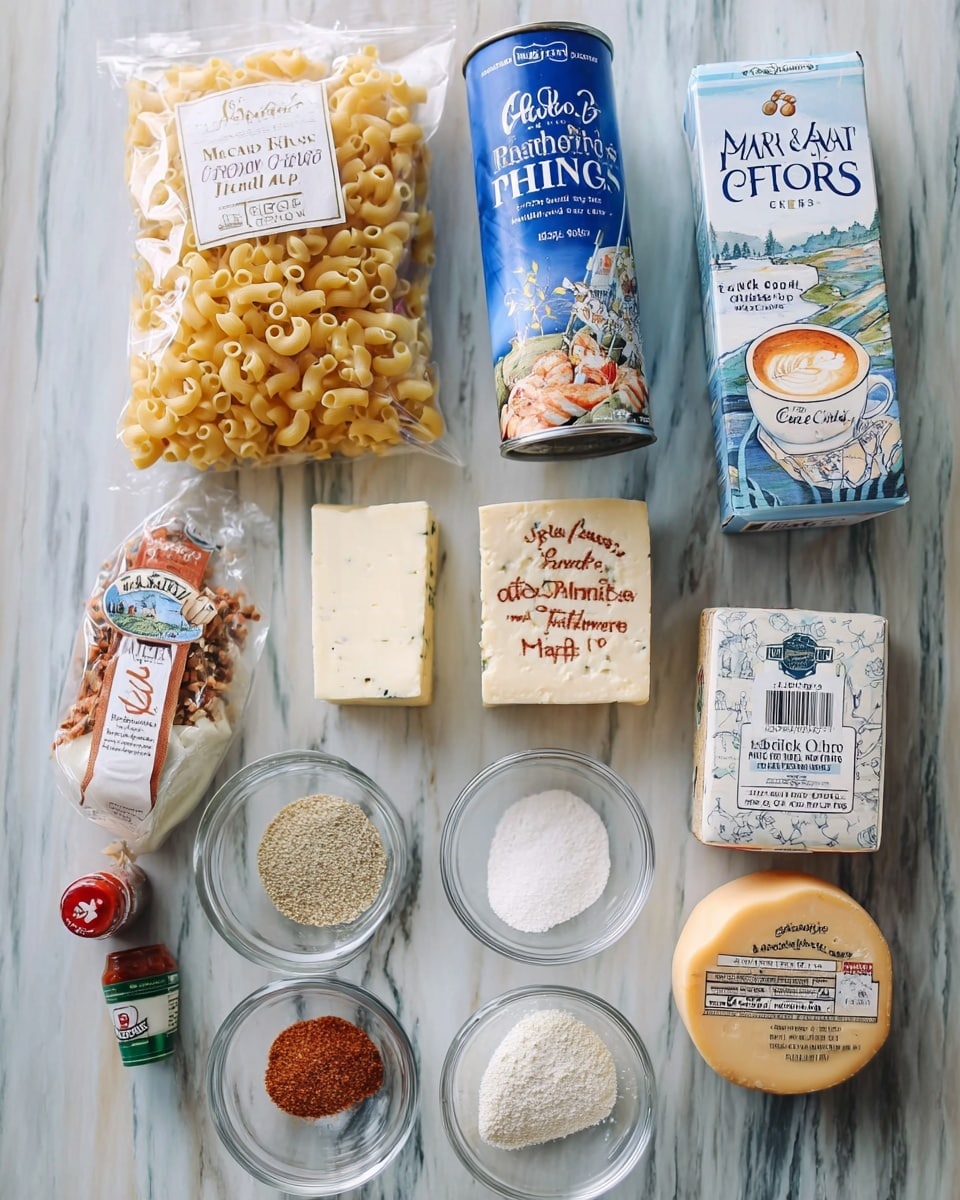 A flat lay of various cooking ingredients arranged neatly on a white marbled surface. The items include a bag of macaroni pasta with yellow and clear packaging showing small curved pasta inside, a tall blue canister of panko bread crumbs with an image of fried shrimp, and a carton of half & half cream with blue and white design featuring a cup of coffee with foam art. There is a block of extra sharp cheddar cheese wrapped in clear packaging with a red and white label, a rectangular block of cream cheese in white and blue packaging, a round smoked gouda cheese with a brown label and white sticker, and a small rectangular pack of butter wrapped in white and blue labeled packaging. Also present is a small bottle of Tabasco hot sauce with a white label and green cap. In front, there are four clear glass bowls containing various dry ingredients: one has a pale yellow powder, another white flour, a third one a salt and pepper mix, and the last a crushed red spice mix. Photo taken with an iphone --ar 4:5 --v 7