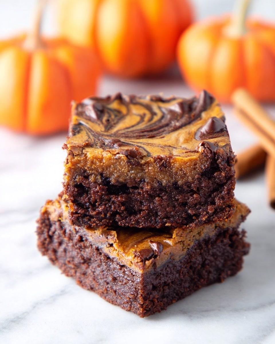 Two layered square brownies stacked on top of each other are shown on a white marbled surface. The bottom layer is dark brown and moist with a dense texture, while the top layer is a swirled mix of caramel brown and dark chocolate, creating a marbled pattern with a slightly glossy finish. In the background, there are two small orange pumpkins and two cinnamon sticks laying crossed, adding an autumn feel to the image. Photo taken with an iphone --ar 4:5 --v 7
