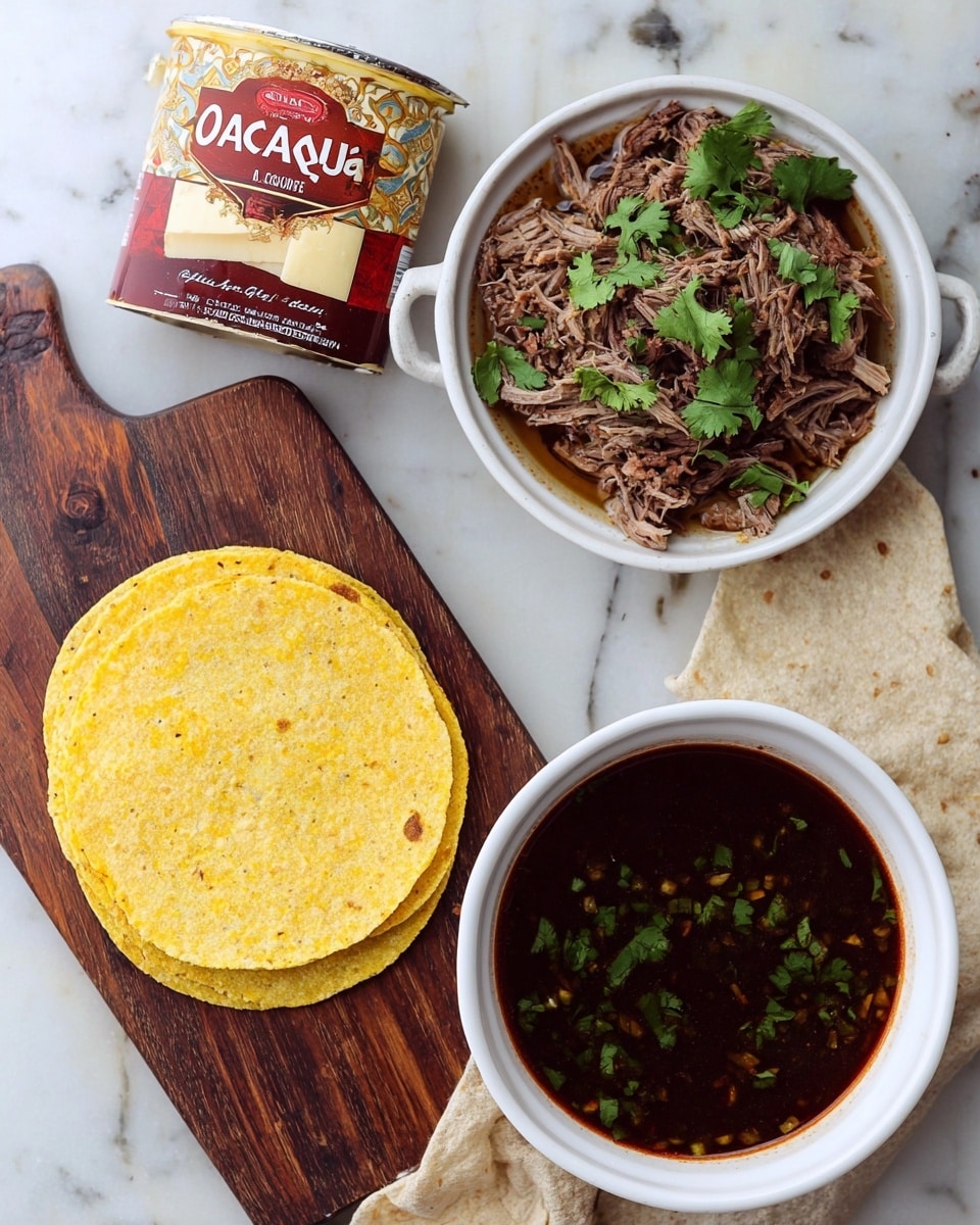 The image shows a meal setup on a white marbled surface with three main items: a stack of yellow corn tortillas placed on a dark wooden board at the bottom left, a white bowl filled with a dark red liquid soup that has green herbs floating on the surface at the top right, and a white round dish filled with shredded meat topped with fresh green cilantro at the top left. Also visible near the bottom right is a package of Cacique Oaxaca cheese. The colors are warm with a mix of brown, green, yellow, and white. The plating is simple and rustic, with the tortillas in a neat stack, the meat looking tender and juicy, and the soup rich with herbs. The photo taken with an iphone --ar 4:5 --v 7