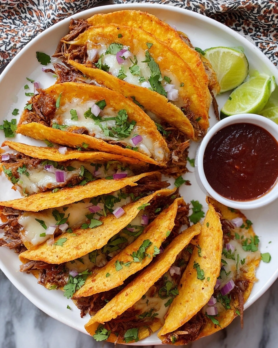 A white plate full of six folded tacos is shown, each taco having two yellow-orange corn tortillas with a slightly crispy look. Between each taco fold, there is a layer of melted white cheese and shredded brown meat. Small pieces of fresh green cilantro and chopped purple onions are sprinkled on top of all tacos. On the side of the plate, there is a small white bowl filled with dark red salsa, alongside lime wedges. The plate is on a white marbled surface, with part of a patterned cloth visible in the background. Photo taken with an iphone --ar 4:5 --v 7