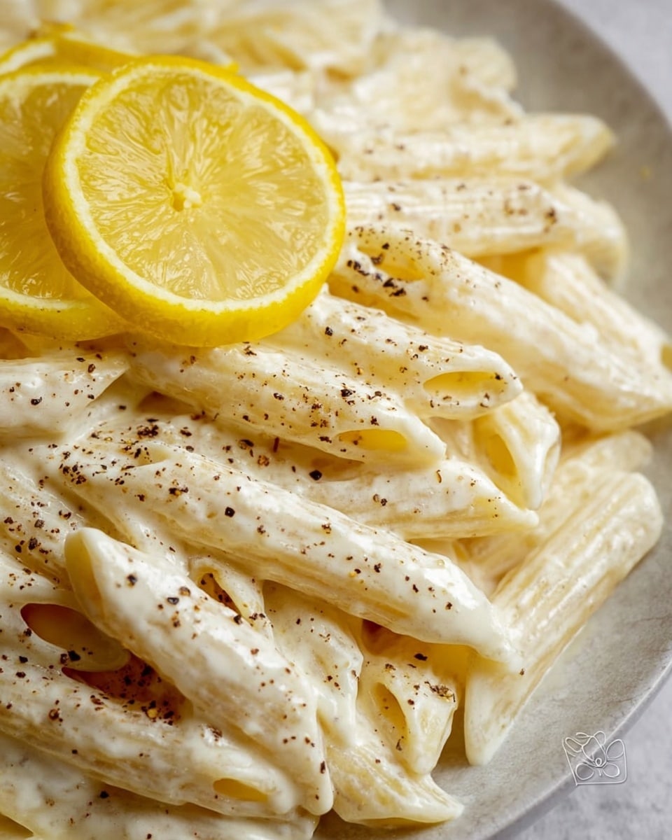 A close-up view of creamy white penne pasta coated evenly with a smooth white sauce, sprinkled lightly with black pepper bits. On top, there are two thin lemon slices with a bright yellow color, adding a fresh look to the dish. The pasta pieces are layered naturally, showing their tube shape and ridged texture. The whole dish is placed on a surface with a white marbled texture. Photo taken with an iphone --ar 4:5 --v 7