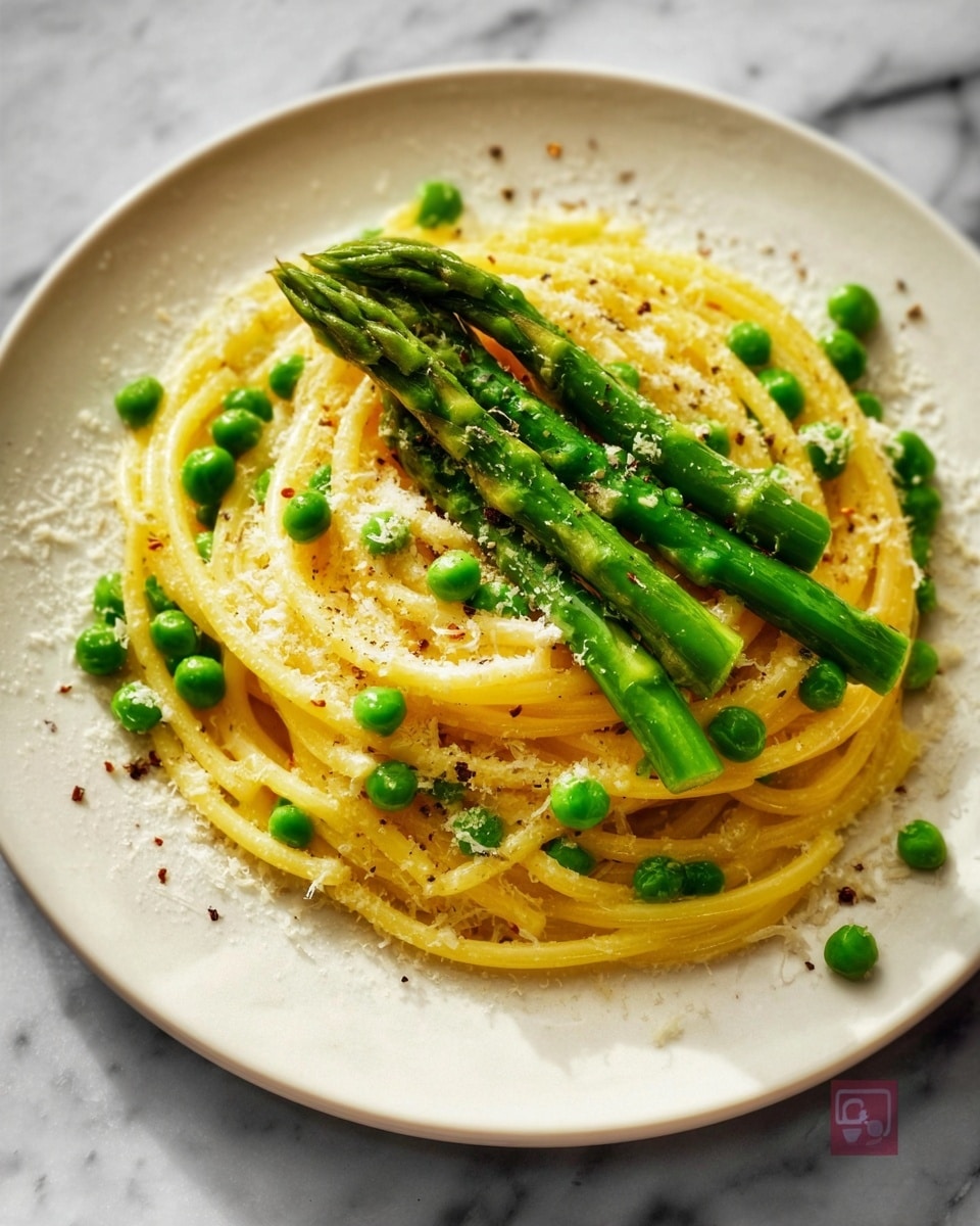 A white plate with a swirl of yellow spaghetti in the center, topped with bright green peas scattered throughout the pasta. On top of the spaghetti are three long, thin green asparagus spears laid side by side. The dish is sprinkled with grated cheese and small black pepper flakes, adding texture and contrast. The background is a white marbled surface. Photo taken with an iphone --ar 4:5 --v 7