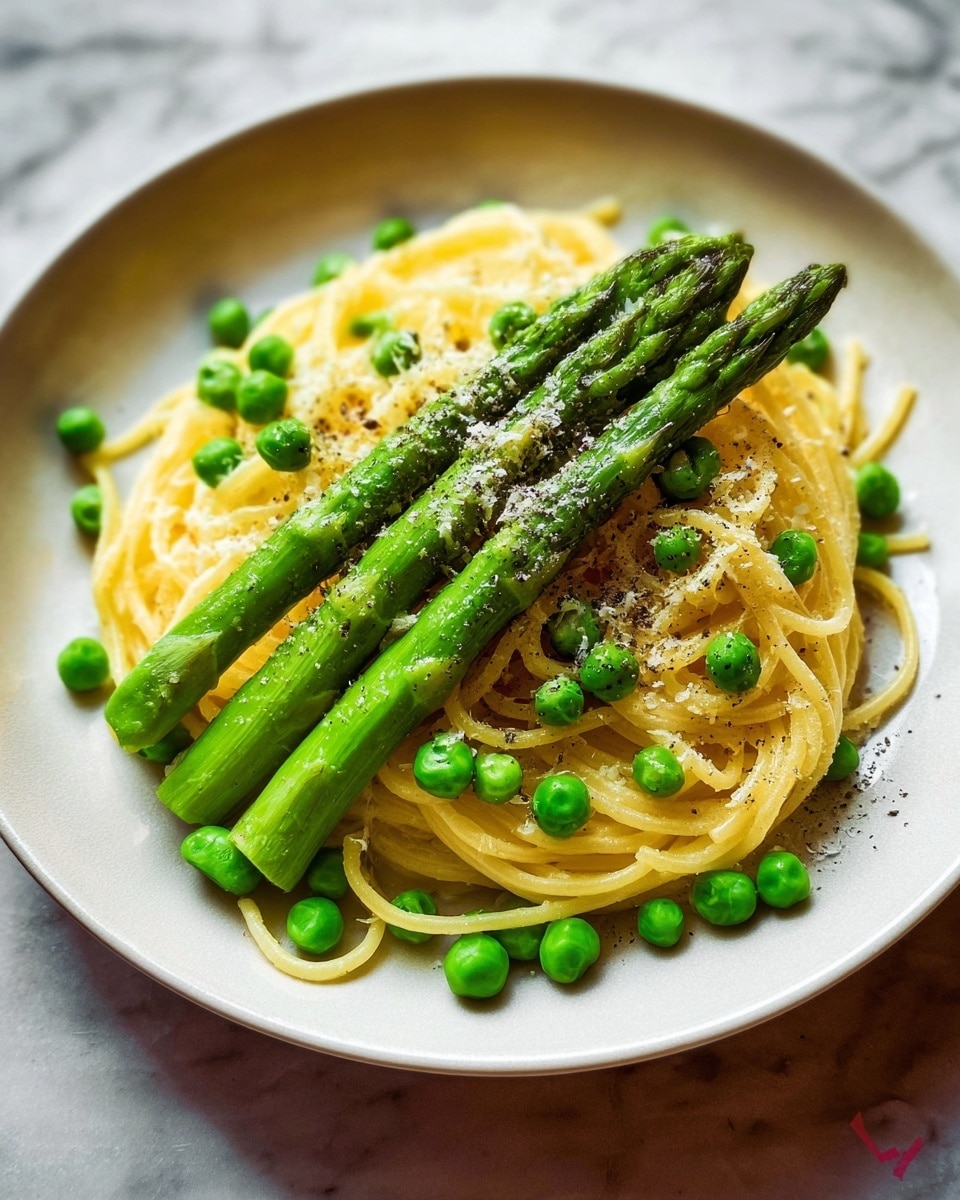 A white plate holds a nest of yellow spaghetti at the bottom layer, soft and slightly shiny. Bright green peas are scattered evenly over the pasta, adding small pops of color. On top, three vibrant green asparagus spears lay side by side, with a fresh, firm texture and a light sprinkle of black pepper and grated cheese dusted over all. The background is a white marbled surface with soft natural light highlighting the fresh ingredients photo taken with an iphone --ar 4:5 --v 7