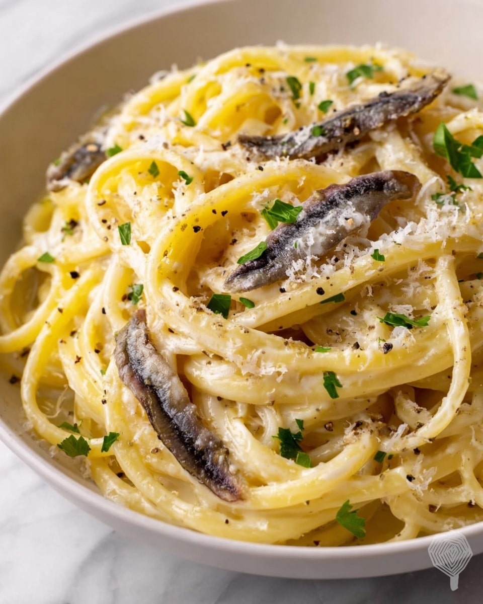 A close-up view of spaghetti pasta piled in a white bowl, with several strands twisted together, coated in a creamy pale yellow sauce. There are small dark brown anchovies placed on top and scattered throughout, along with finely grated white cheese sprinkled evenly, and small green parsley leaves adding a touch of color. Tiny black pepper specks are spread over the dish, and the bowl rests on a white marbled surface. photo taken with an iphone --ar 4:5 --v 7