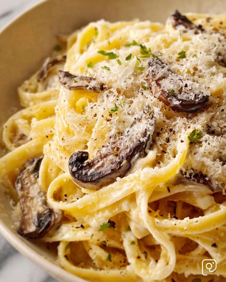 A close-up of creamy fettuccine pasta with a light yellow color, twisted and layered in a white bowl. The pasta is topped with thin slices of dark brown mushrooms and a generous sprinkle of finely grated pale beige cheese mixed with small black pepper specks. Tiny green herb pieces are scattered lightly, adding a touch of color to the top. The background is a white marbled texture. photo taken with an iphone --ar 4:5 --v 7