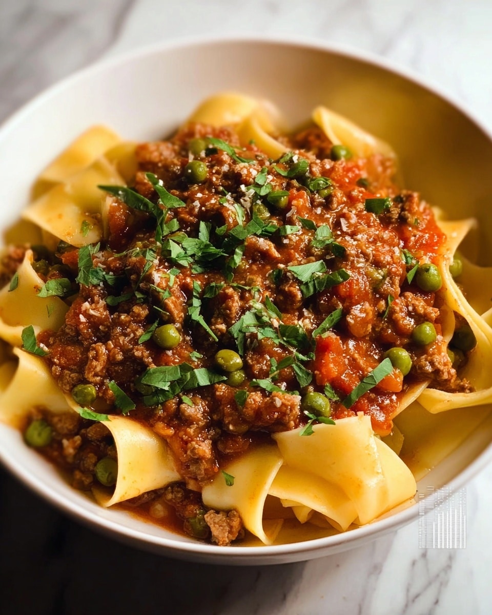 A white bowl filled with wide flat yellow pasta noodles layered underneath a thick chunky reddish-brown sauce made of ground meat, tomato pieces, and green peas. The top layer is sprinkled with fresh green herbs, adding a pop of color. The bowl sits on a white marbled surface. photo taken with an iphone --ar 4:5 --v 7