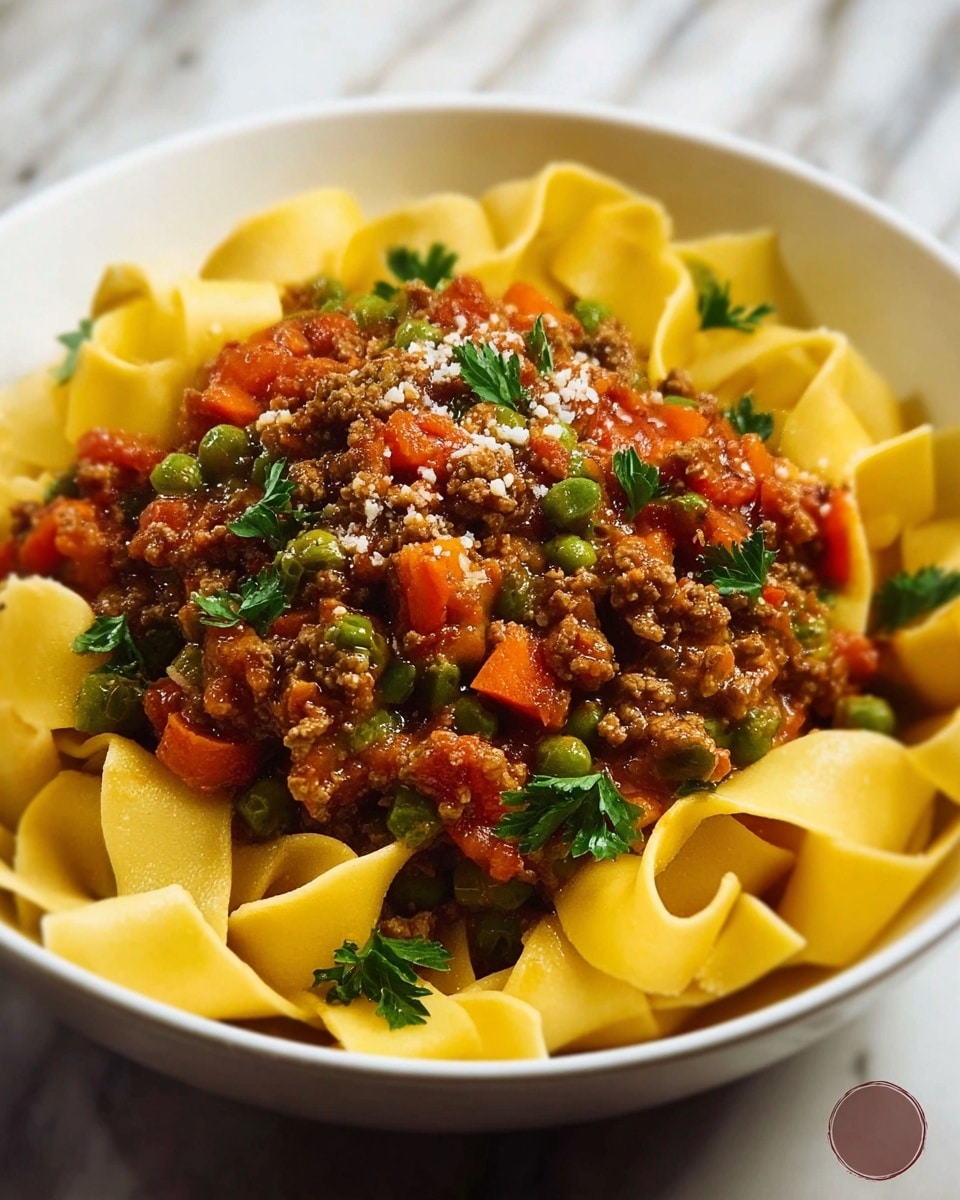 A white bowl filled with wide, flat yellow pasta ribbons sitting as the bottom layer, topped with a thick layer of brown cooked ground meat mixed with green peas, small orange carrot cubes, and red tomato chunks, all coated in a rich red sauce. There are small green leaves of parsley scattered on the top, along with a light sprinkle of white grated cheese. The bowl is placed on a white marbled surface, and the photo has a close-up, warm tone look. photo taken with an iphone --ar 4:5 --v 7