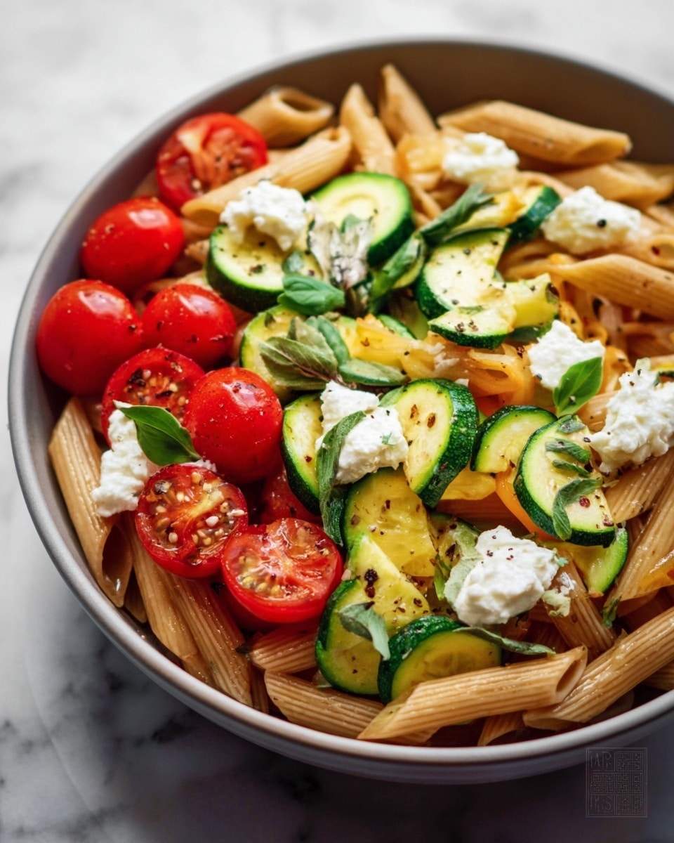 The image shows a bowl filled with pasta, with three main layers visible. The bottom layer is light brown penne pasta scattered throughout the bowl. On top of the pasta are bright green slices of cooked zucchini with a slightly soft texture, along with small, round, whole cherry tomatoes that are shiny and red. White dollops of soft cheese are spread evenly among the vegetables. Small green herb leaves and black pepper are scattered on top, adding detail and freshness to the dish. The bowl is white, and it sits on a white marbled surface. Photo taken with an iphone --ar 4:5 --v 7