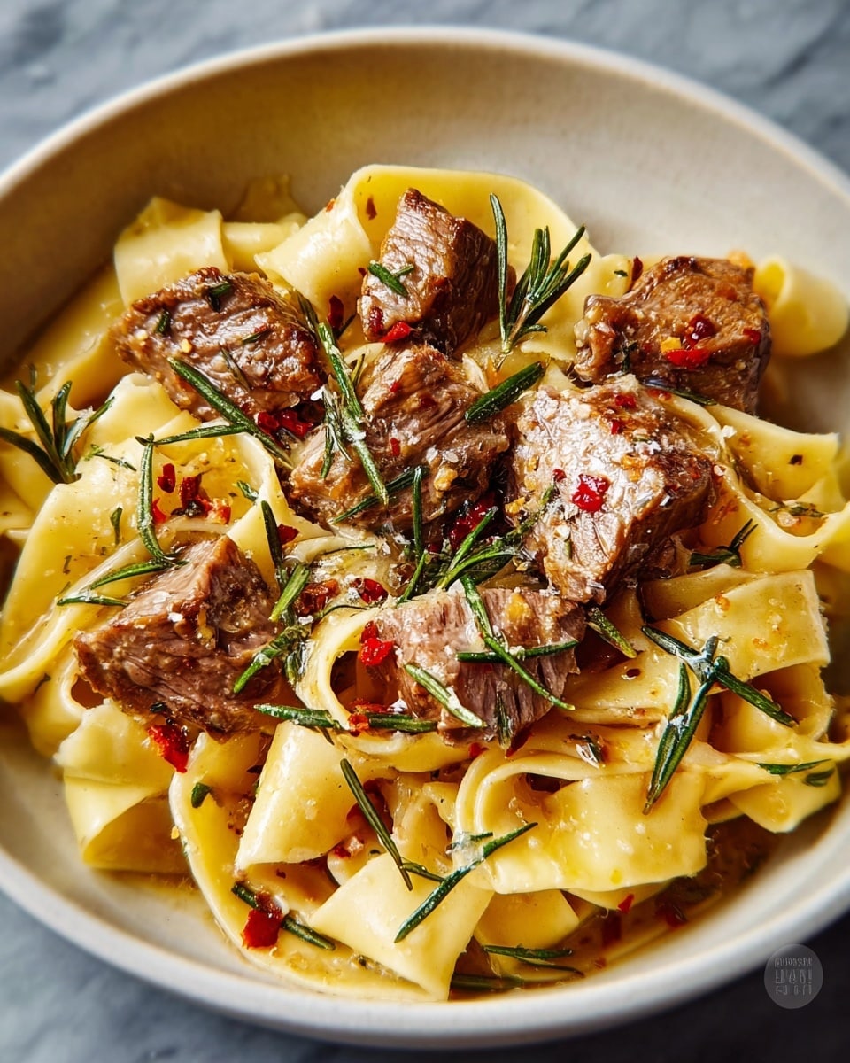 The dish shows wide, flat, pale yellow pasta noodles at the bottom, arranged loosely across a white marbled surface bowl. On top, there are several pieces of cooked, browned meat chunks with a slightly rough texture. Scattered over the pasta and meat are small sprigs of fresh green rosemary and herbs, along with red chili flakes and coarse bits of grated cheese, adding color contrast. The whole dish has a shiny, lightly oily surface, giving it a fresh and flavorful look. photo taken with an iphone --ar 4:5 --v 7