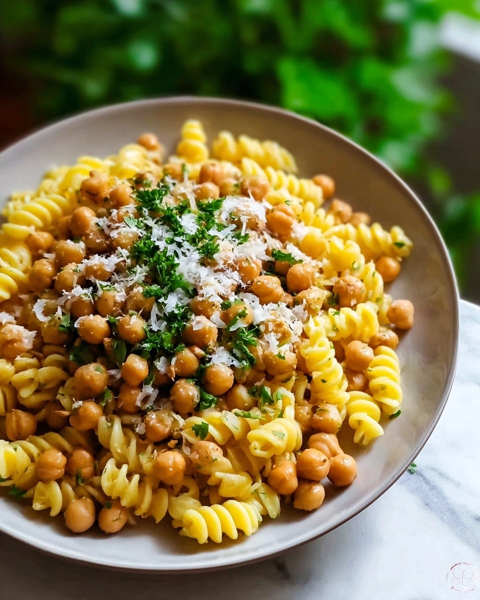 The image shows a close-up of a white plate filled with three layers of food. The bottom layer is a large amount of yellow spiral pasta with a slightly shiny texture. On top of the pasta, light brown chickpeas are spread evenly. The top layer is small bits of bright green chopped parsley and some white grated cheese scattered over the pasta and chickpeas. The background surface is a white marbled texture with some green blurred plants in the distance. Photo taken with an iphone --ar 4:5 --v 7