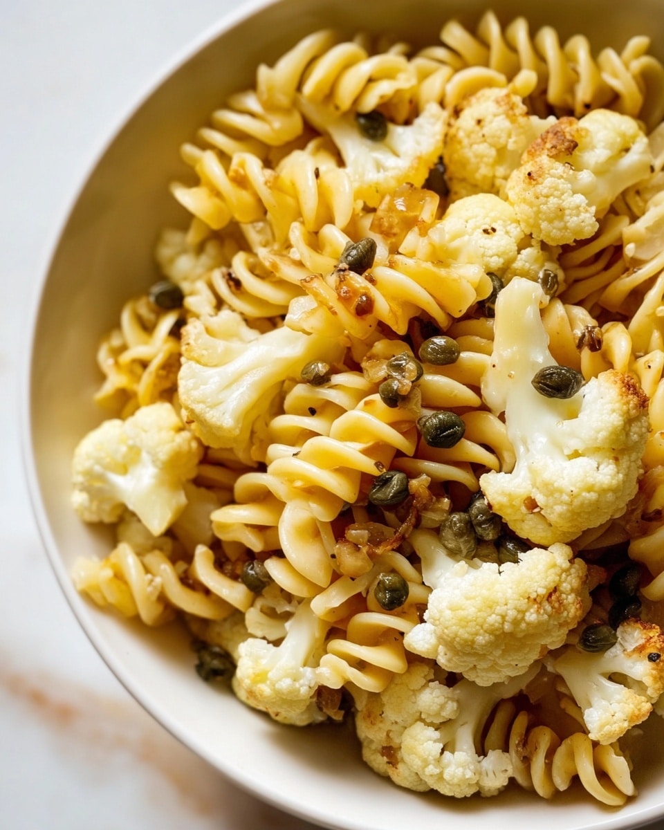 A close-up of a white bowl filled with spiral pasta mixed with light yellow cauliflower florets and small dark green capers. The pasta looks soft and coated lightly with oil or sauce. The cauliflower pieces are cooked but still firm with slight brown spots on some parts. The capers add small specks of dark color scattered throughout. The background shows a white marbled surface. photo taken with an iphone --ar 4:5 --v 7